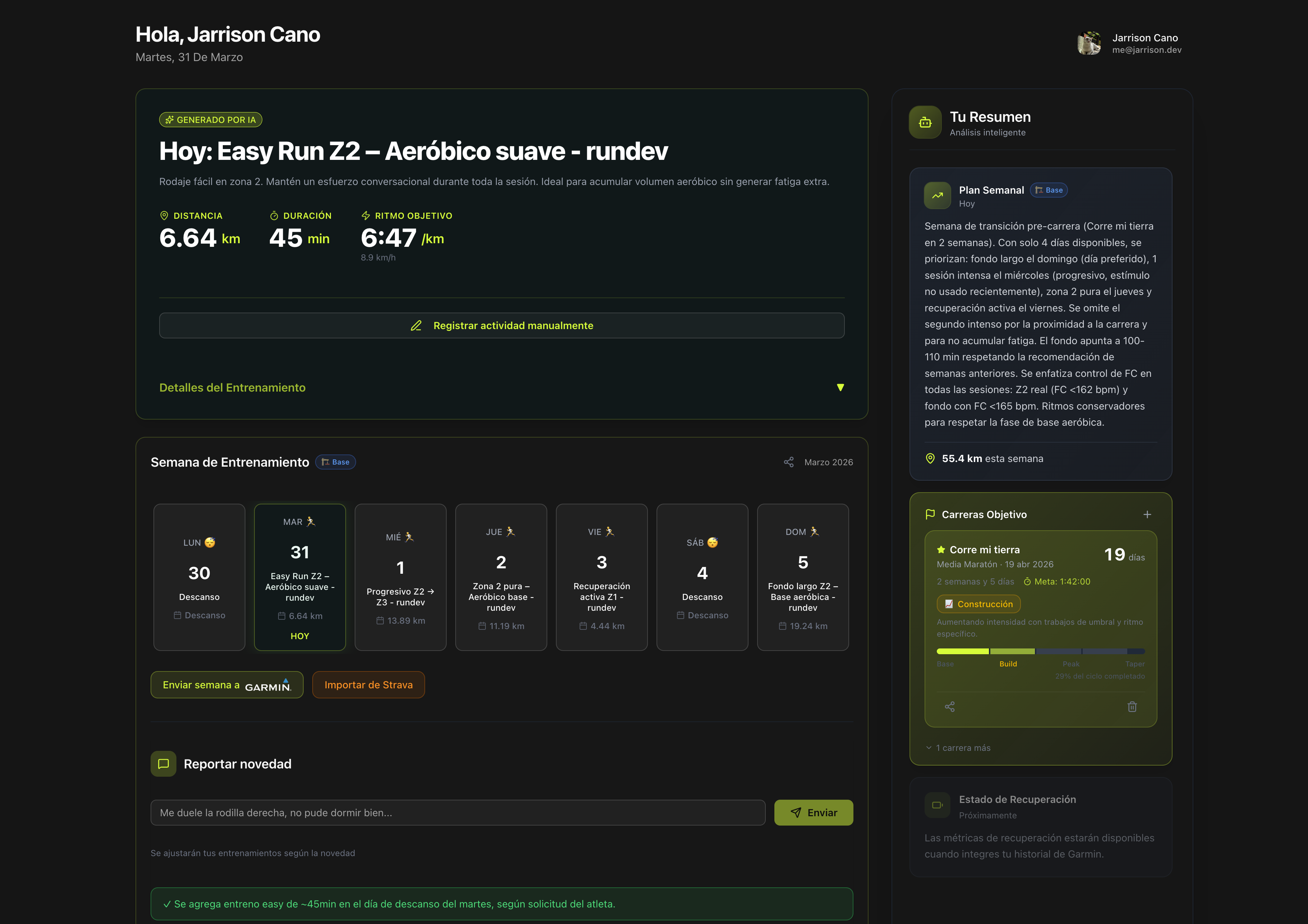 RunDev — AI Running Coach dashboard